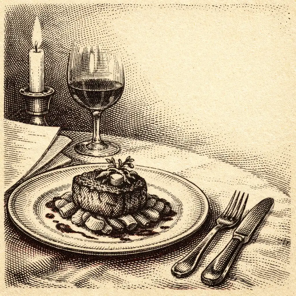 A candlelit restaurant dish on linen with cutlery, a paper menu edge and a wine glass in soft focus.