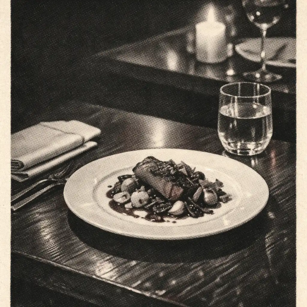 Candlelit composed dish on a dark timber restaurant table