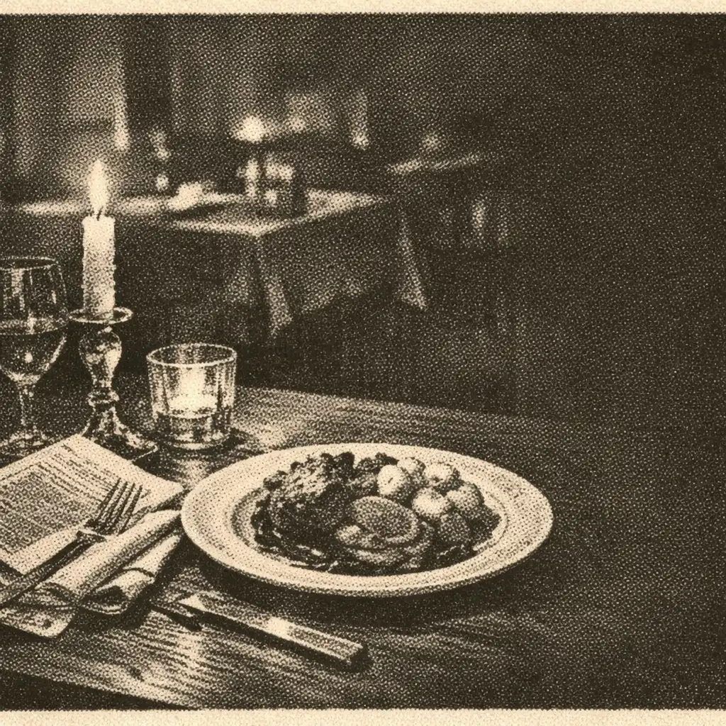 A candlelit restaurant table with a plated supper, folded paper and cutlery