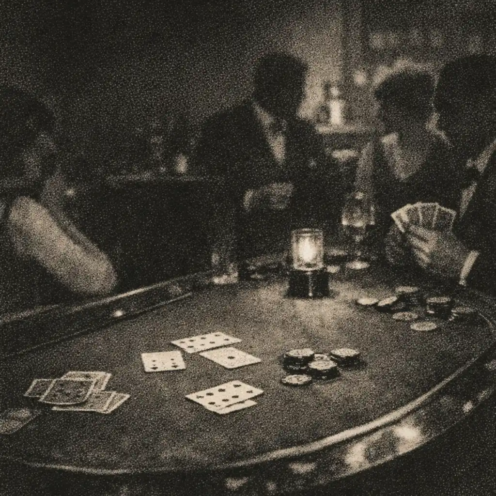 A softly lit card lounge table with playing cards, hands and subtle tabletop details.