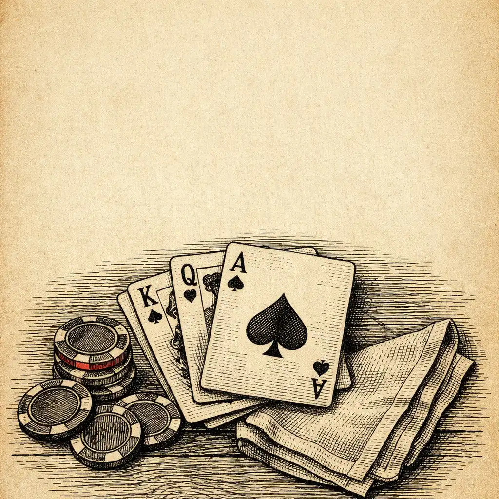 Engraved illustration of playing cards and physical chips on a timber card table