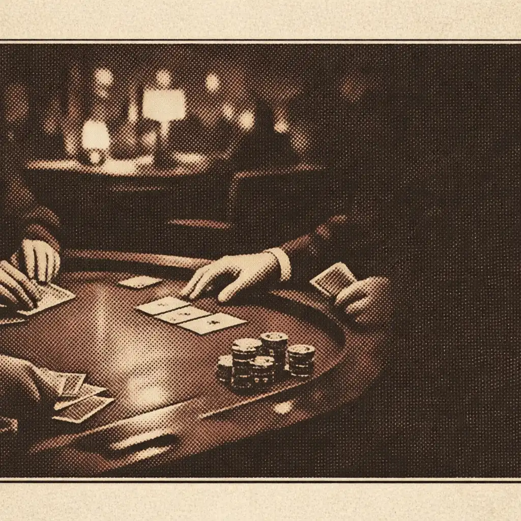 Anonymous hands arranging cards at a timber poker table in ASH & ONXY's physical card lounge.