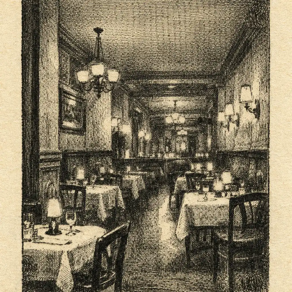 A softly lit restaurant interior with anonymous tables and lamps
