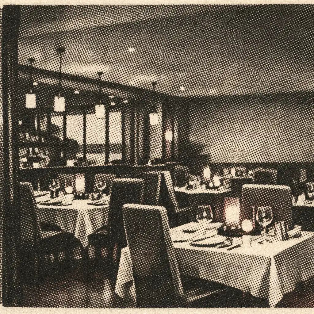 A refined restaurant dining room at dusk with set tables, high-backed chairs and candlelit dishes.