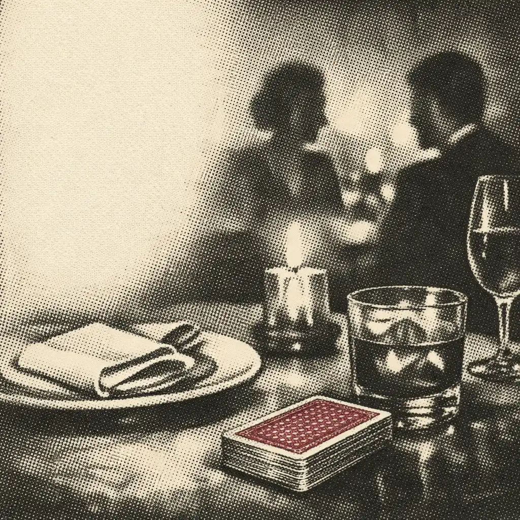 Candlelit dining table with plates, folded linen and a deck of cards resting beside a glass.