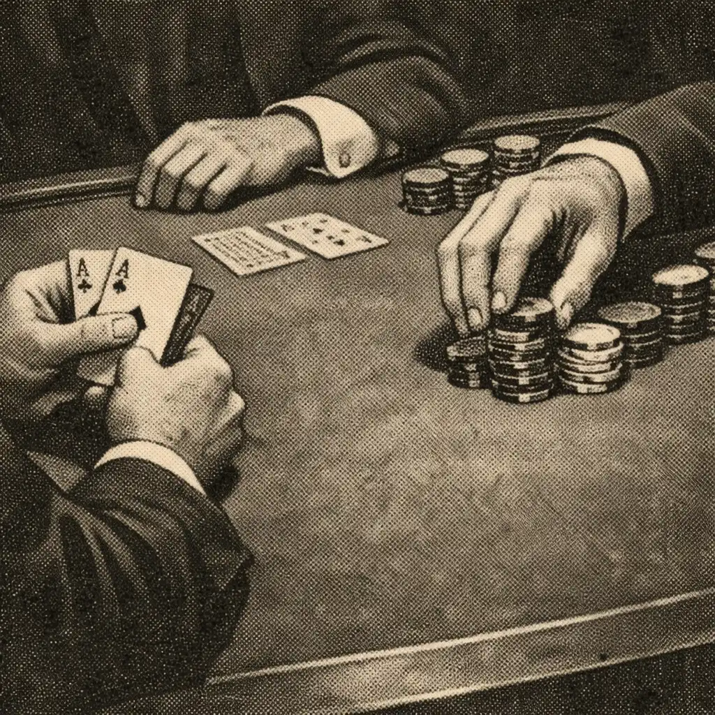 Hands arranging cards and orderly physical chips on a felt poker table.