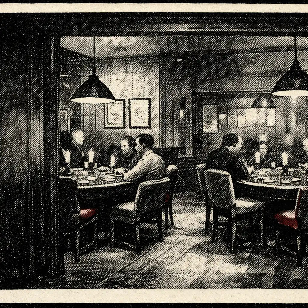 An evening card lounge interior with two poker tables and indistinct guests in conversation.