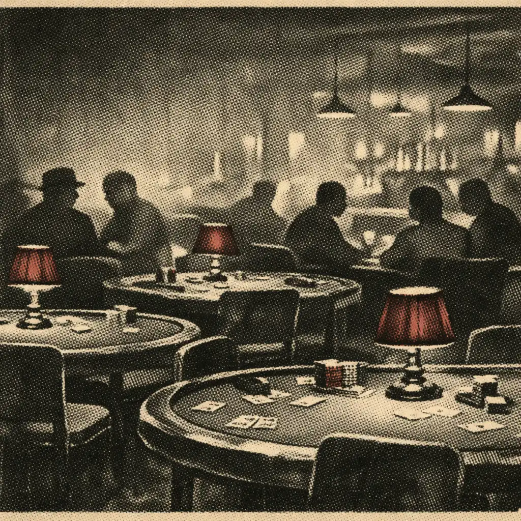 An evening card lounge with felt-topped poker tables, chairs, low lamps and people in quiet conversation.