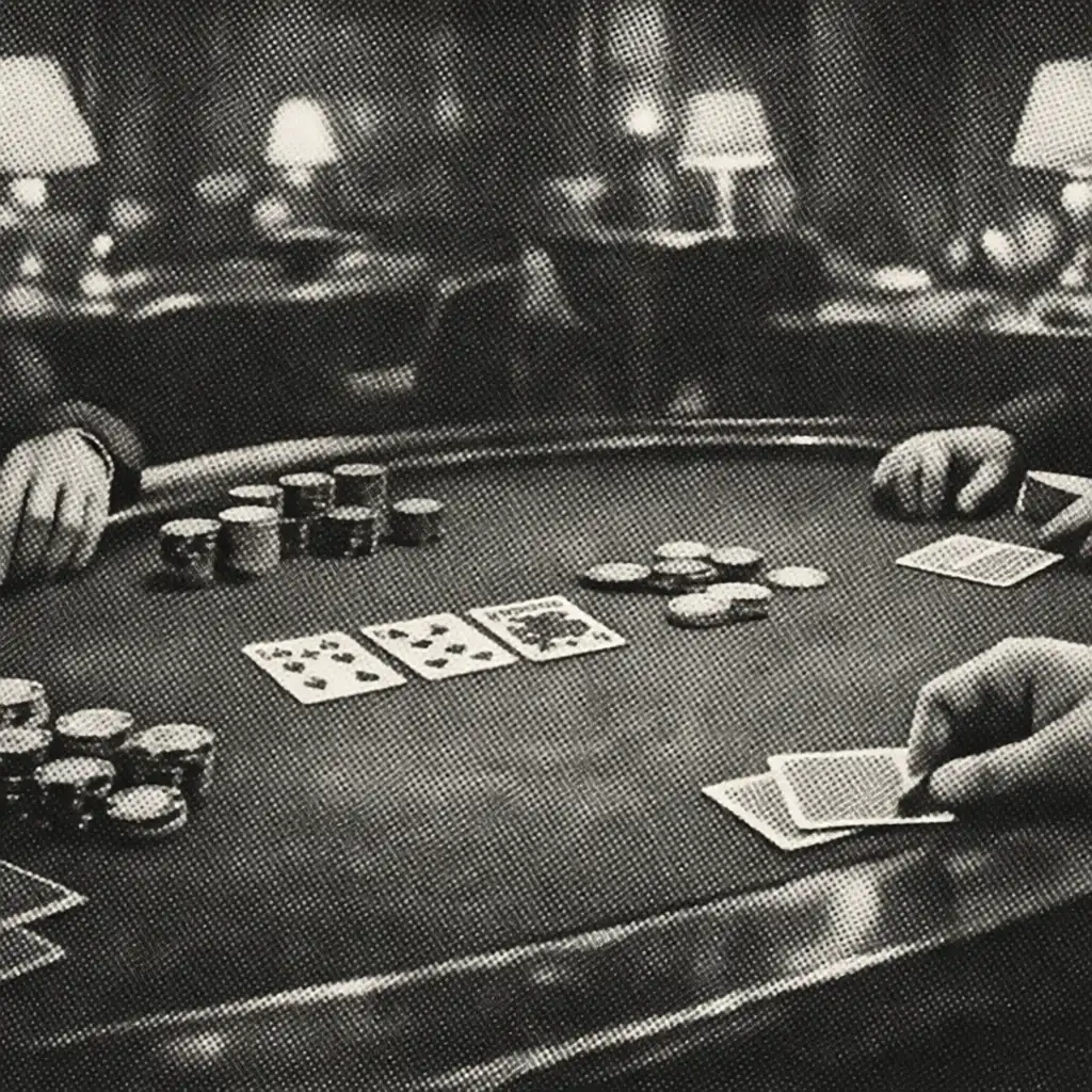 Anonymous hands, playing cards and physical chips gathered around a warmly lit poker table
