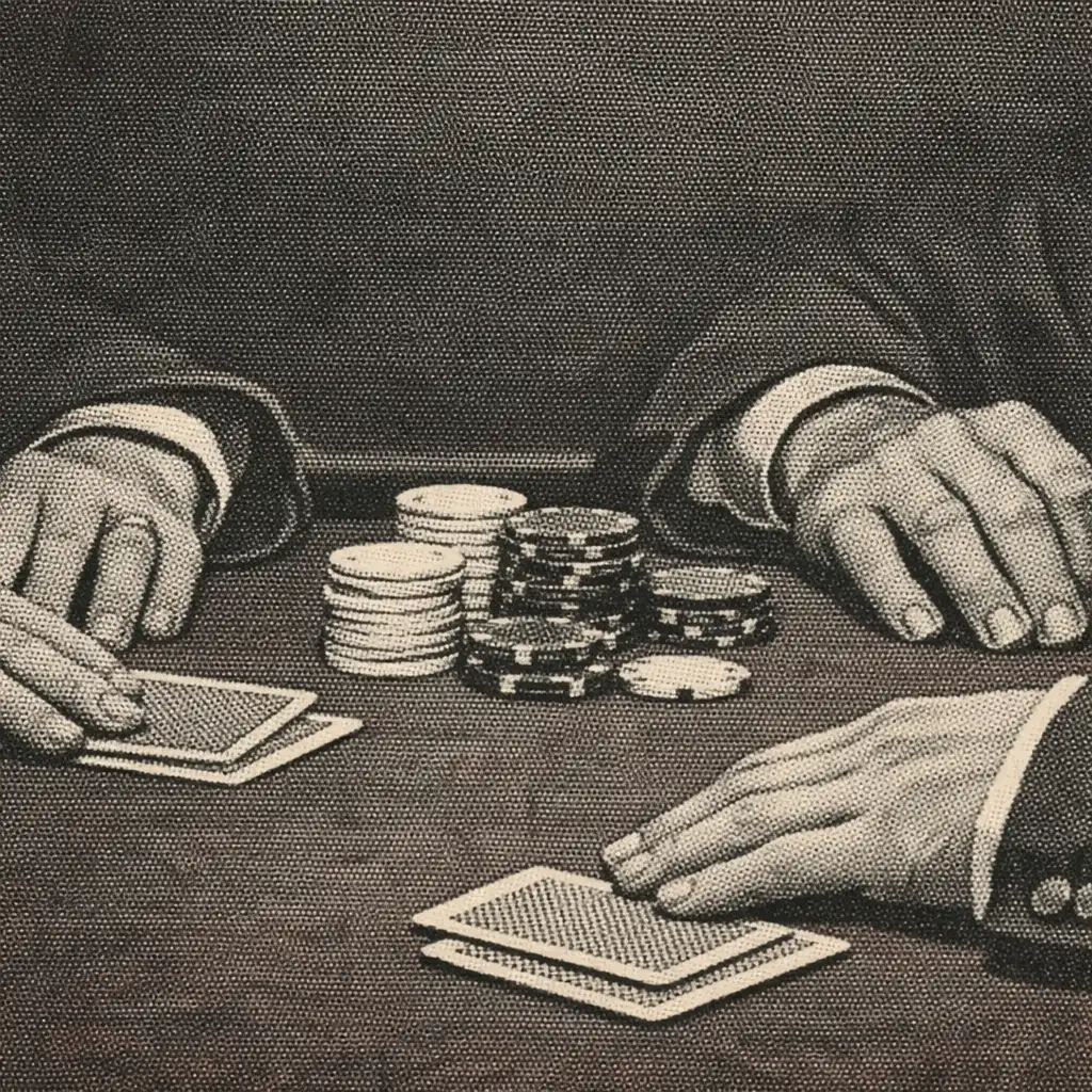 Adult hands near dealt cards and small physical chips on a felt poker table.