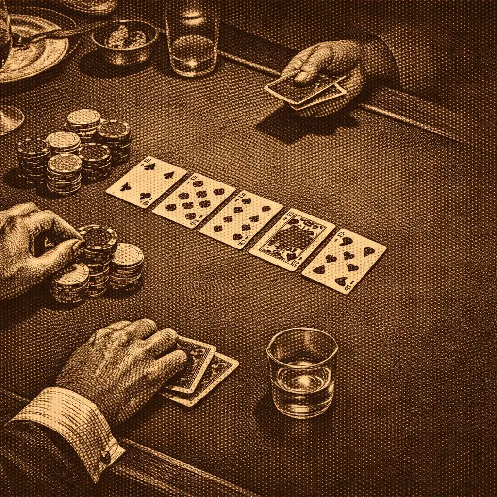 Four hands gathered around a felt table with playing cards and dinner-table details.