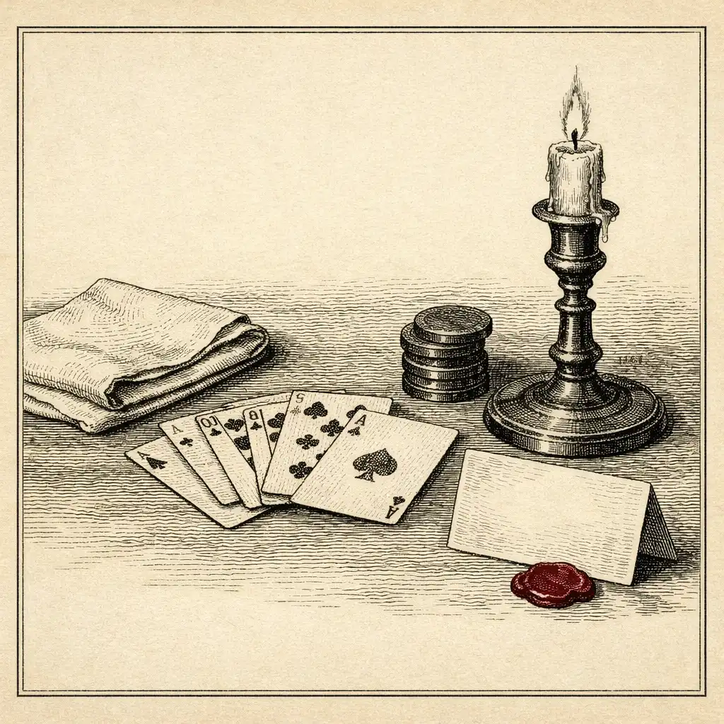 Engraved still life of playing cards, a folded napkin, physical chips and a candleholder on a table.