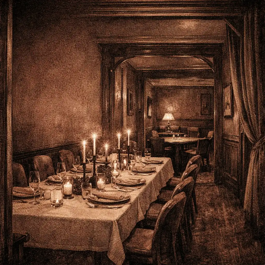 Prepared private dining room with candles, place settings and a discreet card table in the background.