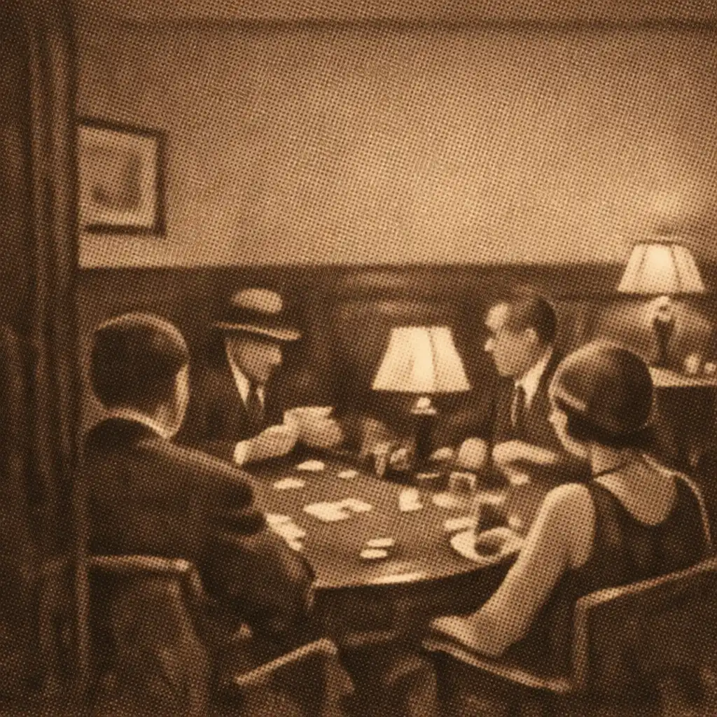 A small group gathered near a poker table in a refined card lounge after dinner.