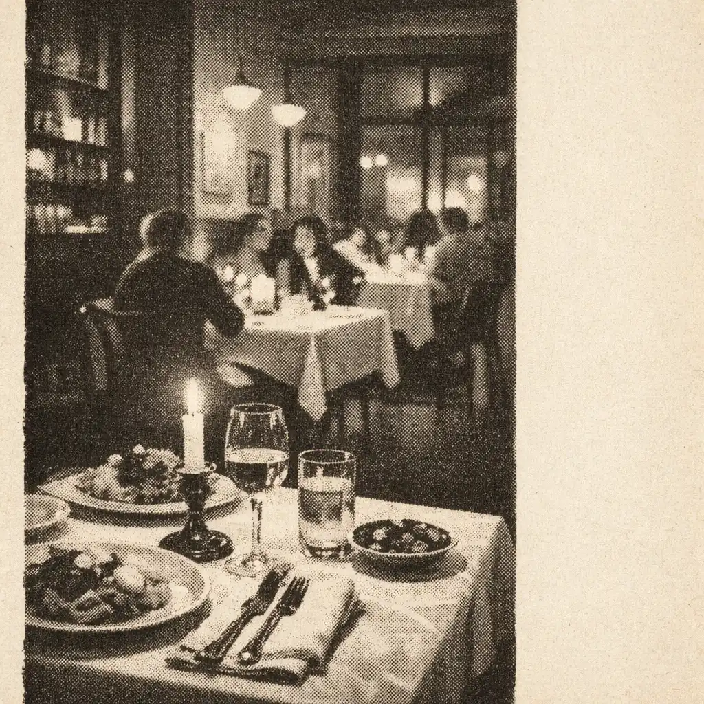 Candlelit tables and dishes in the ASH & ONXY dining room at early evening.