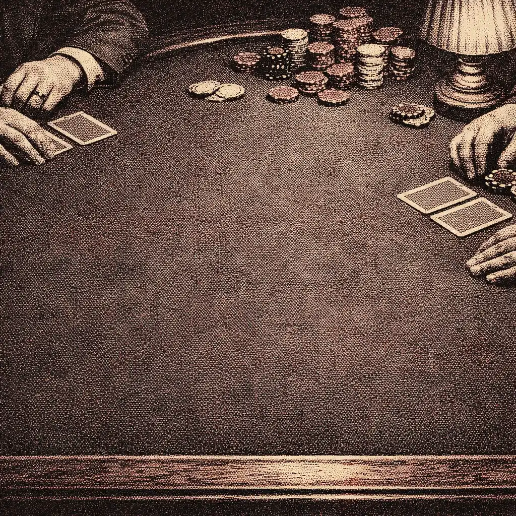 Hands gathered around squared cards and chips on a physical poker table.