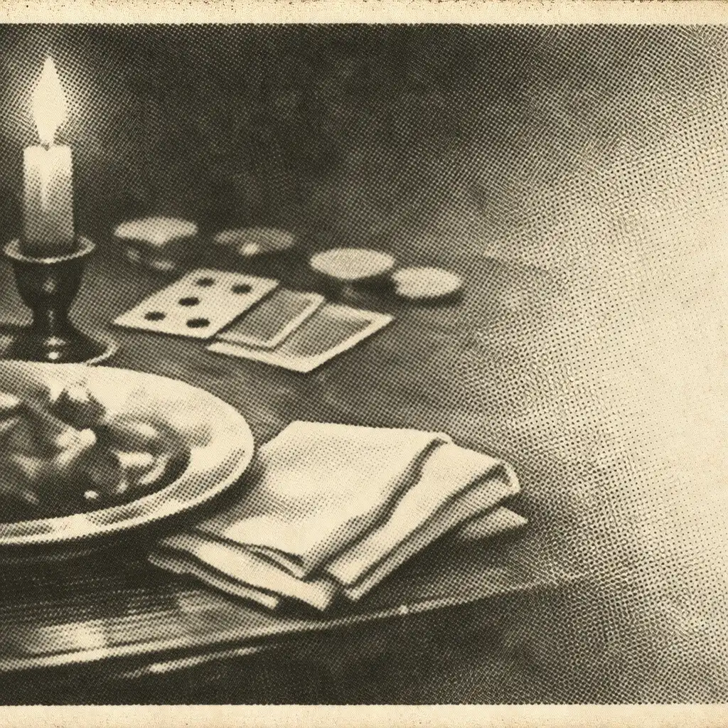 A candlelit supper setting with a dish and subtle playing cards at the far edge of the table